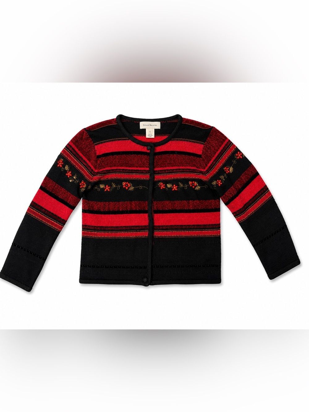 Susan Bristol Women’s L Embroidered Knit Cardigan Sweater Red Black Floral